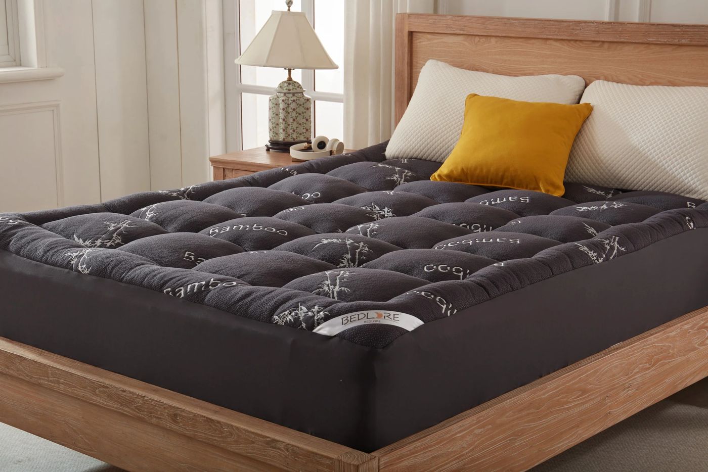 Cama de matrimonio con topper de bambú gris antracita